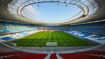 AI generated 3D render of a large football stadium with bright floodlights and VIP boxes photo