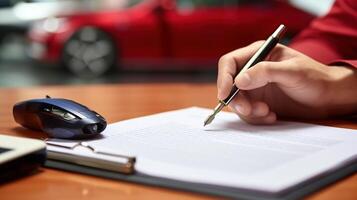 AI generated Closeup of car dealer signing contract with pen at car showroom photo