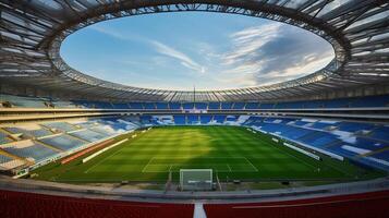 AI generated a large football stadium with bright lights and VIP boxes for hundred thousand fans photo