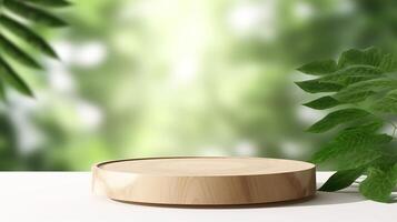 AI generated Wooden podium on white table with green leaves background. 3d rendering photo