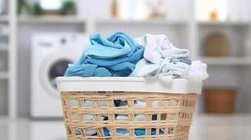 AI generated Laundry basket with clean clothes on blurred background, closeup photo