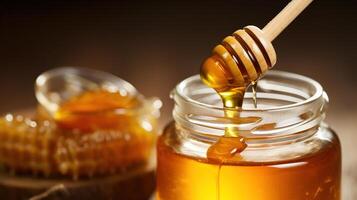 AI generated Honey dripping from a wooden honey dipper into a jar. photo