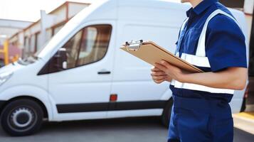 AI generated Delivery man with clipboard and van in background, closeup of hands photo