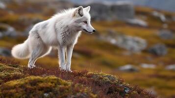 AI generated Arctic fox Vulpes lagopus standing on a mossy hill photo