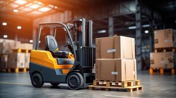 AI generated Forklift with cardboard boxes in warehouse. Logistics and transportation concept photo