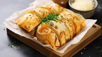 AI generated Baked potatoes with cheese and herbs on a wooden board. Selective focus. photo