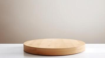 AI generated Wooden round podium for product display on white table and gray wall background photo