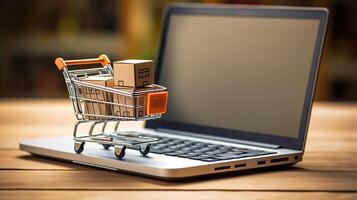 AI generated Shopping cart with boxes on laptop keyboard. Online shopping concept. photo