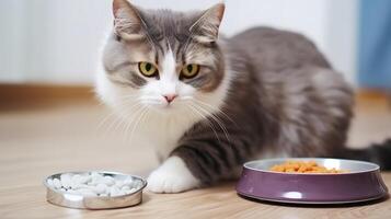 AI generated Cute cat eating food from a bowl on the floor at home photo