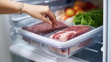 AI generated Close-up of female hand taking piece of raw meat from refrigerator photo