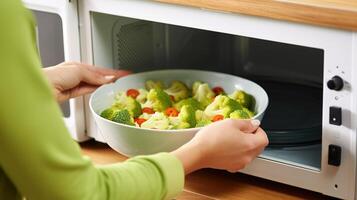 AI generated Woman cooking broccoli in microwave oven at home, closeup of hands photo