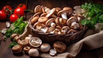 AI generated Champignon Mushrooms in a Basket on a Wooden Background photo