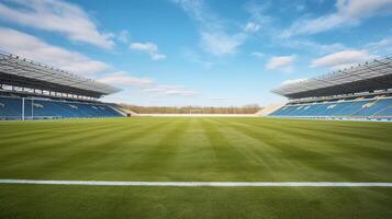 AI generated 3D render of a large modern football stadium with bright floodlights and VIP boxes for hundred thousand fans photo