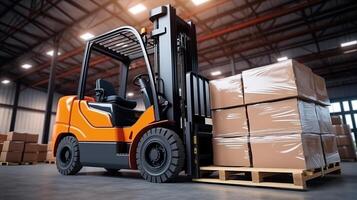 AI generated Forklift loader with cardboard boxes in warehouse. 3d rendering photo