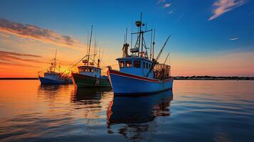 AI generated Fishing boats in the harbor at sunset, Baltic Sea, Poland photo