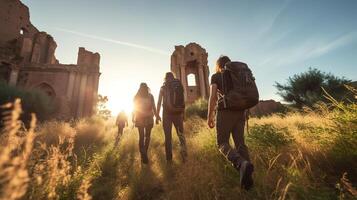 ai generado grupo de amigos caminando mediante el restos de un antiguo Iglesia a puesta de sol foto