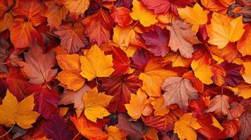 AI generated Red and orange autumn leaves background. Outdoor. Colorful backround image of fallen autumn leaves perfect for seasonal use. Space for text. photo