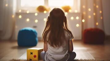AI generated Little girl sitting on the floor and playing with a wooden cube in the room photo