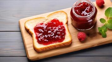 AI generated Toast with raspberry jam and fresh raspberries on wooden background photo