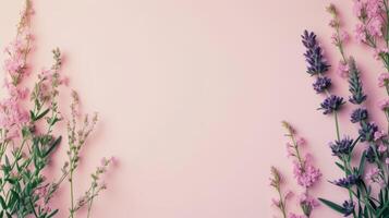 AI generated Top view image of pink and purple flowers composition over pastel background, copy space photo