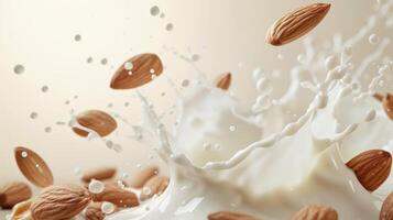 AI generated Fresh natural almond milk splash swirl with almonds isolated photo