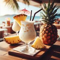 AI generated Summer coconut milk cocktail with pineapple on a table in a cafe on the beach. Pina colada photo
