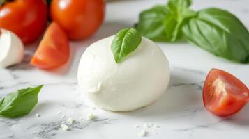 AI generated Mozzarella cheese on white table photo