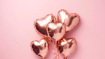 AI generated Heart shaped rose gold foil balloons on a pastel pink background photo