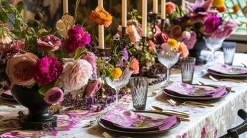 AI generated An elegantly set table with vibrant floral arrangements and patterned textiles, creating a festive and inviting dining atmosphere photo