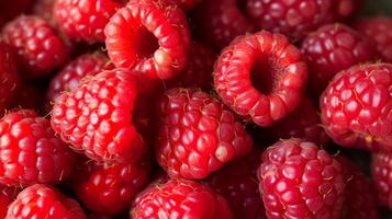 AI generated A close-up view of a group of ripe, vivid red raspberries with a deep, textured detail photo