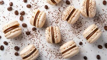 AI generated Coffee macarons on a light background with coffee beans, top view photo