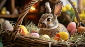 ai generado Pascua de Resurrección conejito en un cesta con Pascua de Resurrección huevos foto