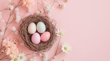 AI generated Top view of nest with Easter eggs and flowers on pastel background photo