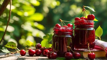 ai generado de cerca de Cereza mermelada y Fresco cerezas en frascos en el mesa en contra el fondo de un natural brillante jardín foto