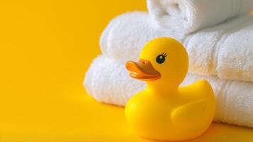 AI generated Rubber duck on a white towels on a yellow abckground photo