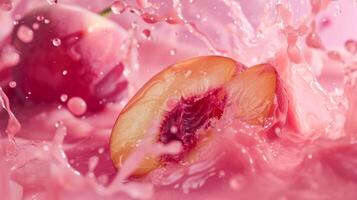 ai generado un suculento melocotón medio emerge en medio de un vibrante chapoteo de rosado líquido, capturar un momento de refrescante verano dulzura foto