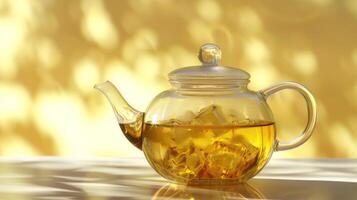 AI generated Transparent teapot with ice tea, soft yellow background photo