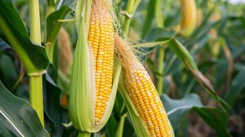 AI generated Corn cobs in corn plantation field photo