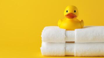 AI generated Rubber duck on a white towels on a yellow abckground photo