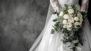 AI generated Banner of a wedding dress and bridal flowers bouquet photo