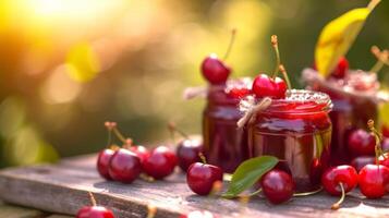 AI generated Close-up of cherry jam and fresh cherries in jars on the table against the backdrop of a natural bright garden photo