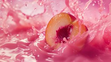 AI generated A succulent peach half emerges amidst a vibrant splash of pink liquid, capturing a moment of refreshing summer sweetness photo