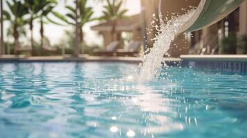 AI generated Water slide splashing into a resort pool photo