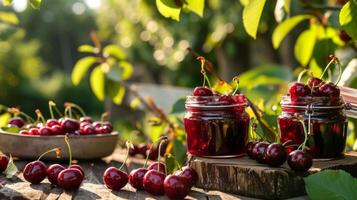 AI generated Close-up of cherry jam and fresh cherries in jars on the table against the backdrop of a natural bright garden photo