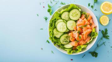 AI generated Salted salmon salad with fresh green lettuce, cucumbers. Lunch bowl on a ketogenic, keto or paleo diet photo