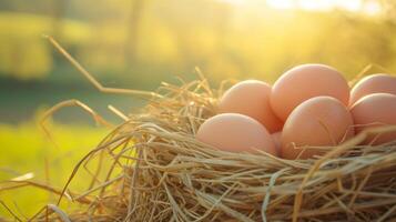 AI generated Eggs close-up on a straw basket with pasture in the background photo