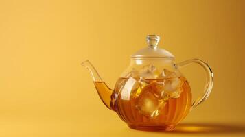 AI generated Transparent teapot with ice tea, soft yellow background photo