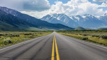 AI generated An empty road with mountains in the background photo