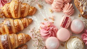 AI generated An elegant assortment of baked goods with golden croissants, delicate pink macarons and treats photo
