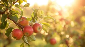 ai generado un rama con natural manzanas en un borroso antecedentes de un manzana huerta a dorado hora. el concepto de orgánico, local, estacional frutas y cosecha foto